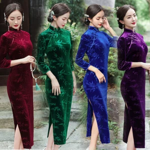 Abito donna autunno velluto Qipao tradizionale cinese Cheongsam Strech taglie forti - Foto 1 di 7