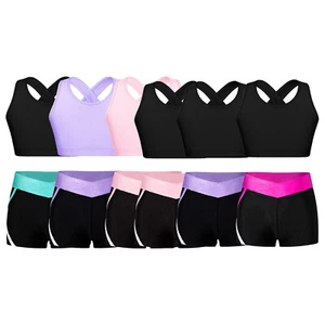 Niños Niñas Ropa Activa Disfraz Chándal Sujetador Ropa de Baile Escenario Corto Top Conjunto Pantalones Cortos - Imagen 1 de 51