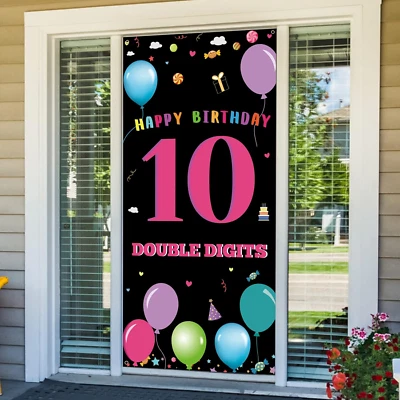 Decoraciones de 10º Cumpleaños para Niñas Niños, Feliz 10º Cumpleaños Puerta Telón de Fondo Bann Foto 1 de 4