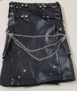 Men Scottish Black Gothic Genuine Leather Kilt Warrior Traditional Utility Kilt - Picture 1 of 6
