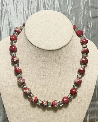 Deep Red Ceramic Artisan Crafted Floral Bead/Beaded Necklace 18.5"-VTG Estate - Image 1 of 4