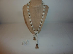 Vintage weiße Emaille Spitze filigran Perlenkette mit Fransen & Ohrringen Boho Chic! - Bild 1 von 5