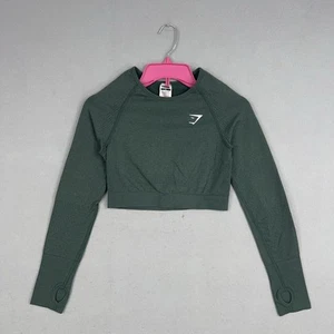 Gymshark Shirt Womens Medium Green Crop Top Seamless Thumbholes Training Active - Picture 1 of 10