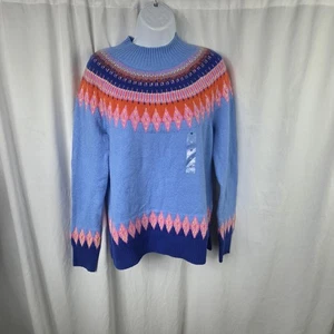 Charter Club Sweater Womens Medium Blue Fair Isle Yoke Mock Neck Pullover Knit - Picture 1 of 12