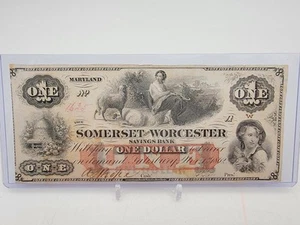 VERY NICE 1862 $1 Somerset & Worcester Maryland Savings Bank Note. Lot.31 - Picture 1 of 6