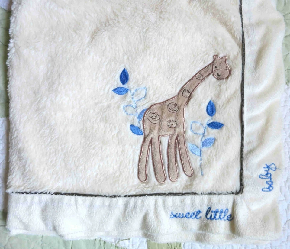 Kristen HanaH Sweet Little Baby w Giraffe & Blue Leaves Cream Plush Baby Blanket - Image 1 of 3