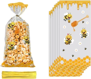 50PCS Bee Cellophane Treat Bags Yellow Honey Bee Plastic Candy Goodie Bags Party - Picture 1 of 5