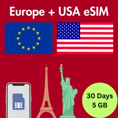 Europe + USA Prepaid Travel eSIM Card 5GB Data 5G/4G Lte 30 Days - Image 1 of 3