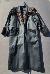 Vintage JF J Ferrar L Black Animal Print Patchwork Leather Long Trench Coat - Picture 1 of 15