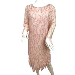 Chanson D’Amour Silk sequins Beaded Dress XL Midi Pink Peach Vintage Long Sleeve - Picture 1 of 15