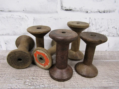 Lot of 6 Antique Vintage 3" Plain Wooden Industrial Textile Bobbins Spools Cover