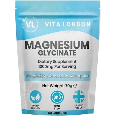 Magnesium Glycinate 1000mg | 60 Capsules High Strength Fatigue Bone Sleep Health - Image 1 of 4