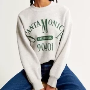 Abercrombie and Fitch Soft Grey Green Santa Monica Spellout Crewneck Sweatshirt - Picture 1 of 8