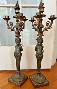 antique brass bronze cherub putti CANDELABRA PAIR vtg candle stick gilt old lamp - Picture 1 of 21