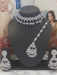 Elegantes indisches Bollywood Halskette Ohrringe Tikka Kundan Schmuck Set - Bild 1 von 6