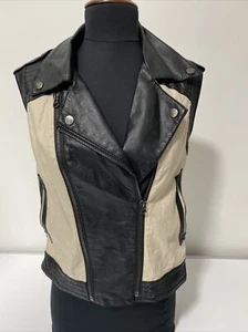 NWT Bar lll Women's Black & Tan Leather Linen Asymmetrical Zip Up Vest Size XS - Picture 1 of 11