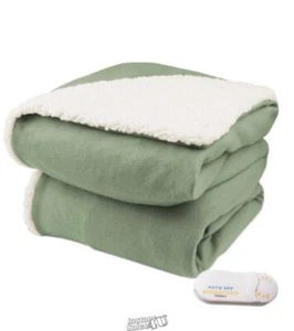 Biddeford Comfort Knit Throw Electric Heated Blanket Natural Sherpa Sage - Picture 1 of 2