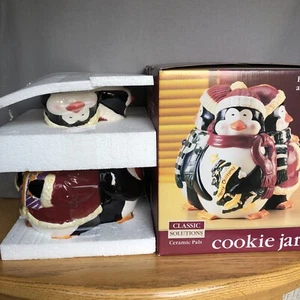 Barattolo biscotti vintage ceramica pinguini Natale Jay Imports dipinto a mano nuovo con scatola - Foto 1 di 12