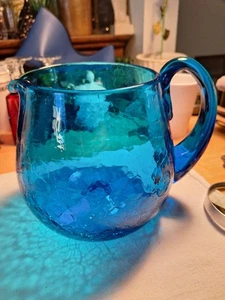 Vtg 60s Blue Blenko Crackle Glass Pitcher - Picture 1 of 11