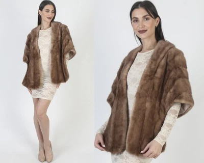 Estola de piel de visón real vintage años 60 marrón chal envolvente bolero boda encogimiento de hombros Foto 1 de 4