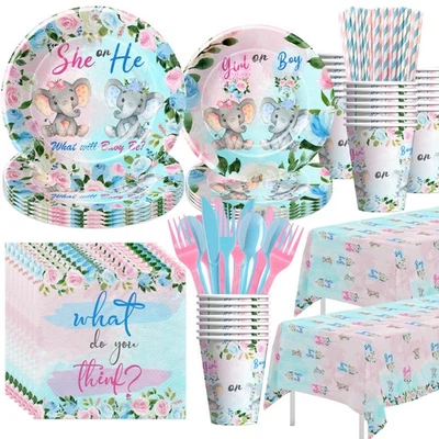 Elephant Gender Reveal Party Supplies Set, Tableware, Plates, Cups, Napkins, ... - Image 1 of 4