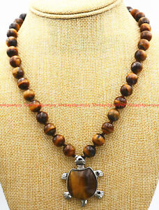 Natural 8/10/12mm African Yellow Tiger's Eye Round Beads Turtle Pendant Necklace