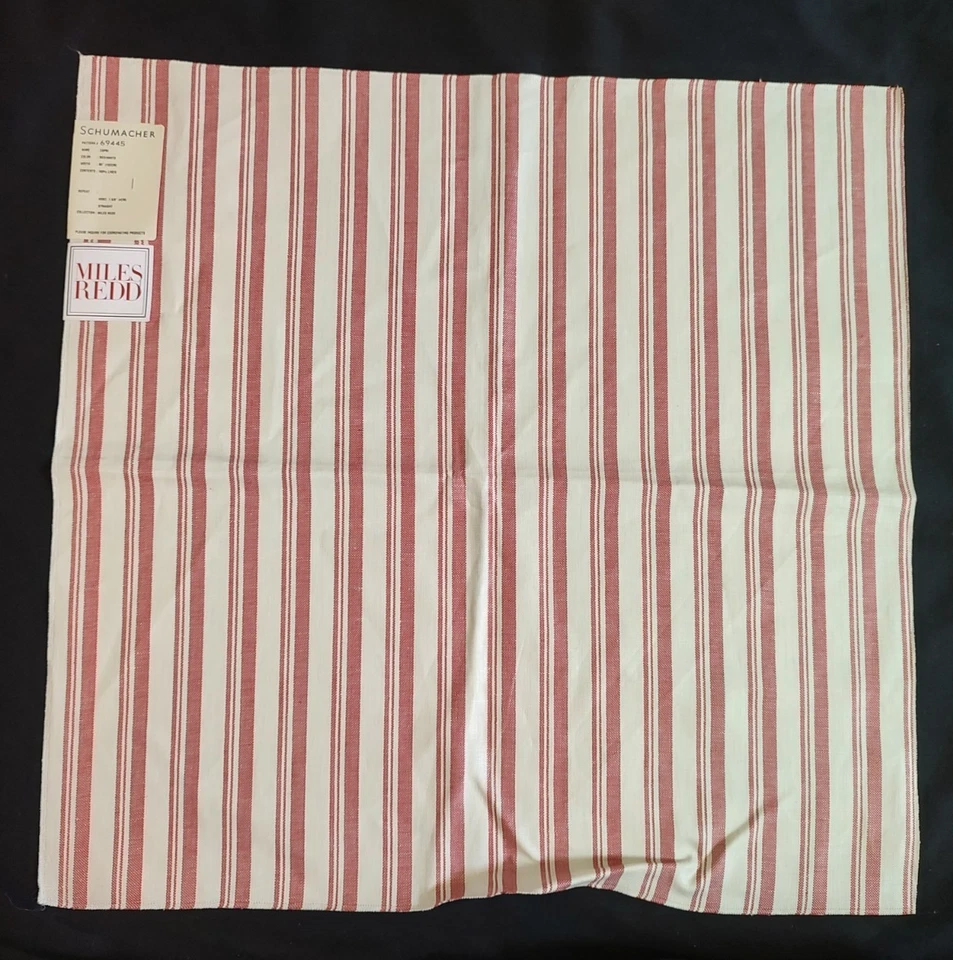 SCHUMACHER Capri Miles Redd Red & White Stripe 100% Linen Remnant Sample 26x26 - Image 1 of 3