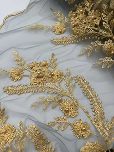 1 mtr grey/gold embroidered pearl scalloped bridal tulle net fabric 52” wide - Picture 1 of 7