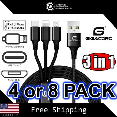 4x Pack 3in1 Black Charging Only Cable iPhone/Micro USB/USB Type-C 2.4A Bulk Lot - Image 1 of 4