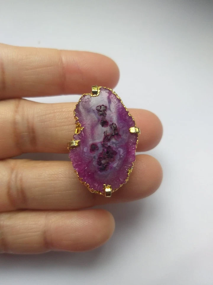 Anel de ágata drusa folheado a natural pedra preciosa geodo fatia de borda de ouro joias da moda - Imagem 1 de 4