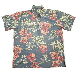 Reyn Spooner Hawaiian Shirt L Blue Floral Palm Plumeria Popover Short Sleeve - Picture 1 of 5