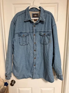 VINTAGE MENS LEVI'S DENIM BLUE BUTTON DOWN SHERPA LINED SZ XXL WORKWEAR SHIRT - Picture 1 of 11