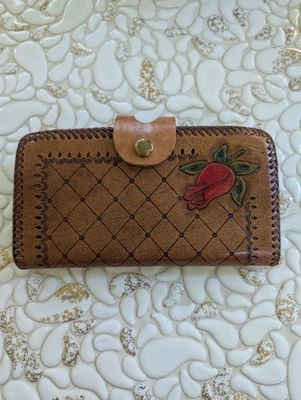 Cartera sin asas vintage de cuero para mujer color marrón con rosas beso doble años 70 Foto 1 de 4