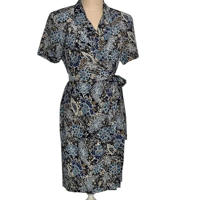 Vestido Talbots Mujer 8 Azul Seda Cachemira Años 90 Y2K Envolvente Náutico Floral De Colección Foto 1 de 4