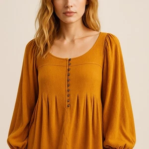 Free People Devin blusa donna M gialla viscosa top plissettato manica blusa - Foto 1 di 10