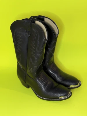 Laredo 黑色皮革金属钢头鳄鱼皮牛仔靴女式 6 码 — 第 1/4 张图片