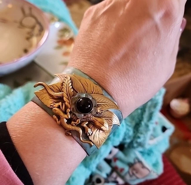 Handmade Patina Lizards Cuff Bracelet Brass Adjustable Wide Southwest Boho - Image 1 of 4