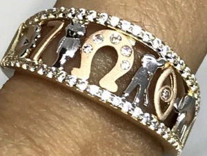 GoLD good Luck lucky 14k ring band solid cz owl eye elephant fine jewelry 7 8 6 - Picture 1 of 12