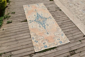 Turkish Rug 34''x81'' Vintage Tribal Rug Blue Oushak Carpet 87x208cm 2x6 - Picture 1 of 10