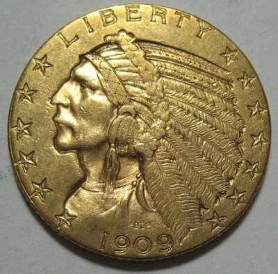 = 1909-D AU+ $5 Indian Gold Piece, FREE Shipping - Image 1 of 2