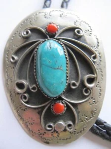 Vintage Southwestern Bolo Tie Turquoise & Coral Silvertone on Braided Leather Lg - Picture 1 of 11