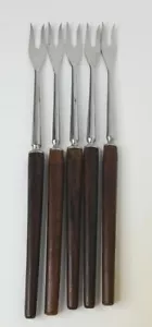 Set of 5 Vintage MCM Moss & Co Fondue Forks Wooden Handles France 2 Prong - Picture 1 of 4