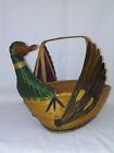 Vintage Woven Wicker Basket with Handle Mallard Duck Handpainted 15"X11"X8"