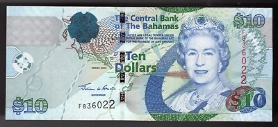 2005 Bahamas $10 DOLLARS Pic# 73  Queen FLAMINGO LIGHTHOUSE UNC Rare 2 of 2 con - Image 1 of 2
