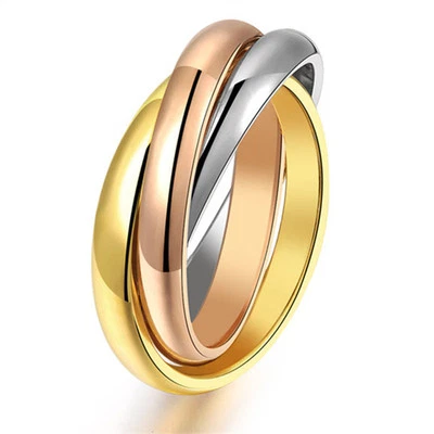 316L Stainless Steel Triple Tone Tri-Roll Links Band Silver/Gold Ring Size 6-12 - Image 1 of 4