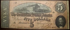 1864 $5 Confederate States Of America Richmond VA. Note P116 - Picture 1 of 2