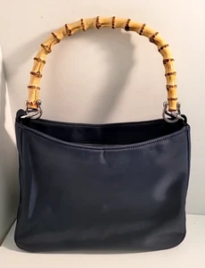 Varlerie Stevens Purse Bamboo Handle Dark Blue/Black 11"x9" Square 3 Pockets - Picture 1 of 15