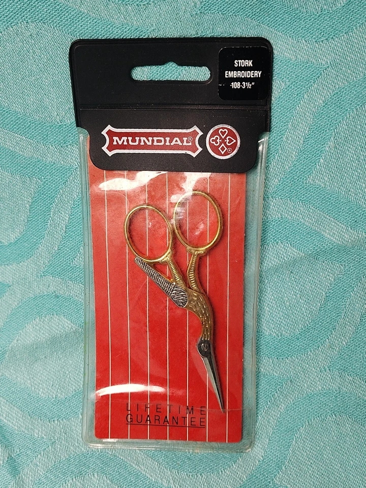 New Vintage Mundial Stork Embroidery Scissors 108 3 1/2" Gold & Silver Tone - Image 1 of 4