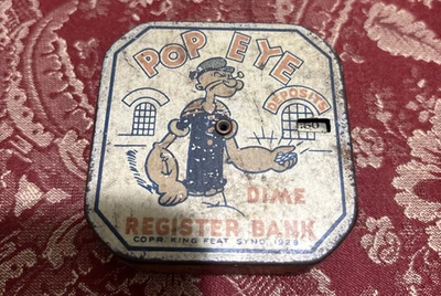 Antigo 1930 Popeye Daily Dime Register Bank 2,5"x2,5" - Imagem 1 de 4