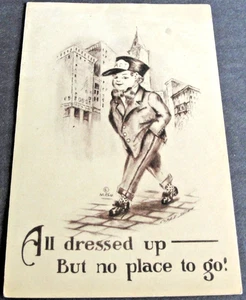 “¡Todo vestido, pero sin lugar a donde ir!” Sepia Messenger Boys - Postal de 1912. RARO. - Imagen 1 de 4